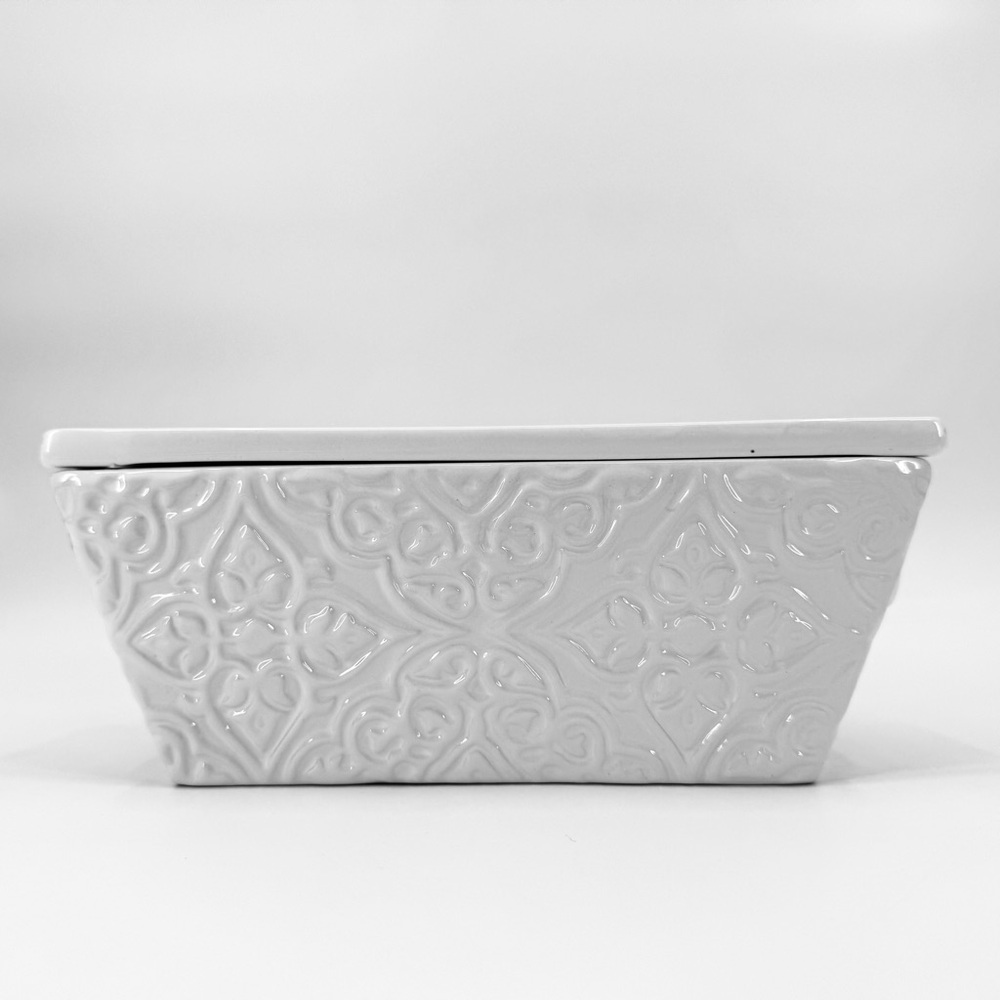 Real Home Earthenware Embossed Scroll 9” Lidded Loaf Dish - Picture 2 of 11